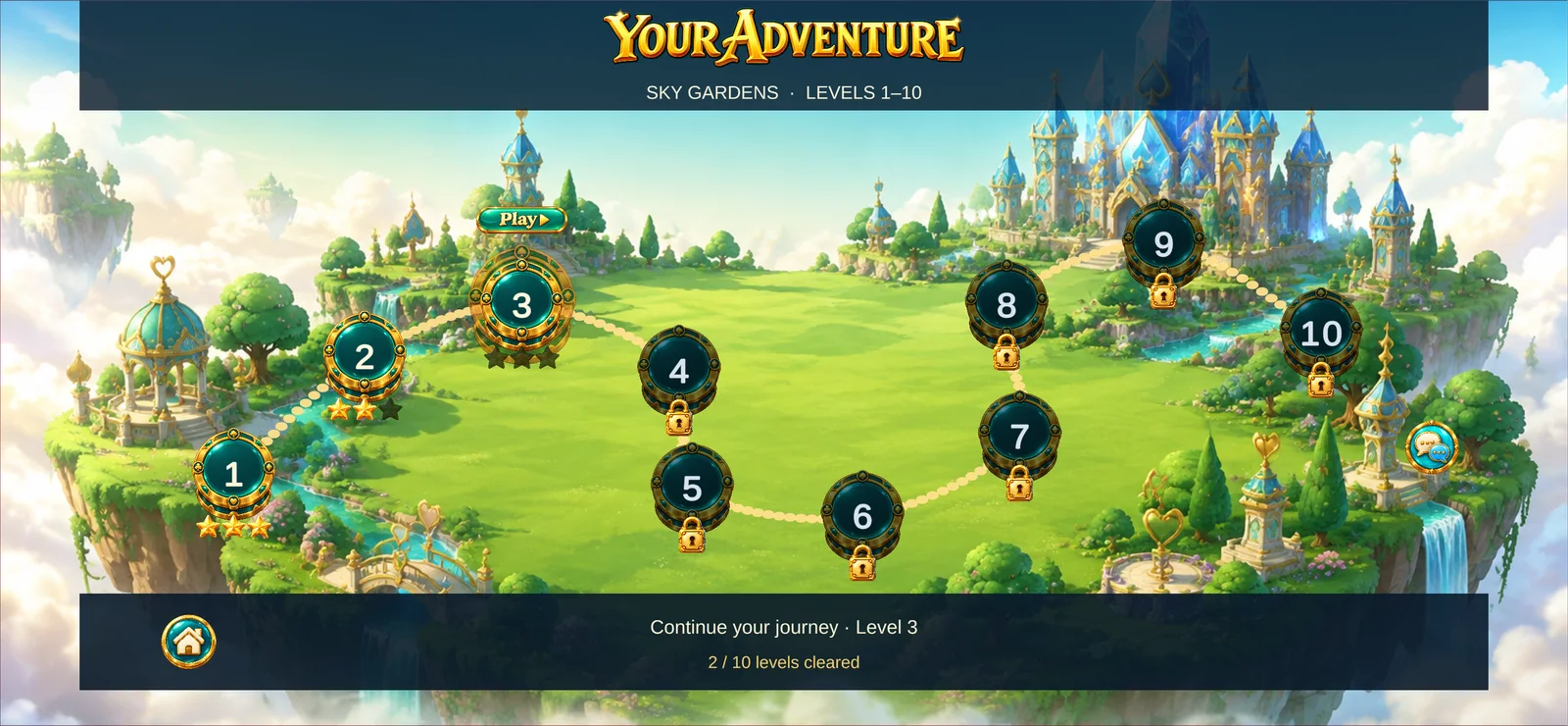 Adventure-wereldkaart met levelpaden en verdiende sterren